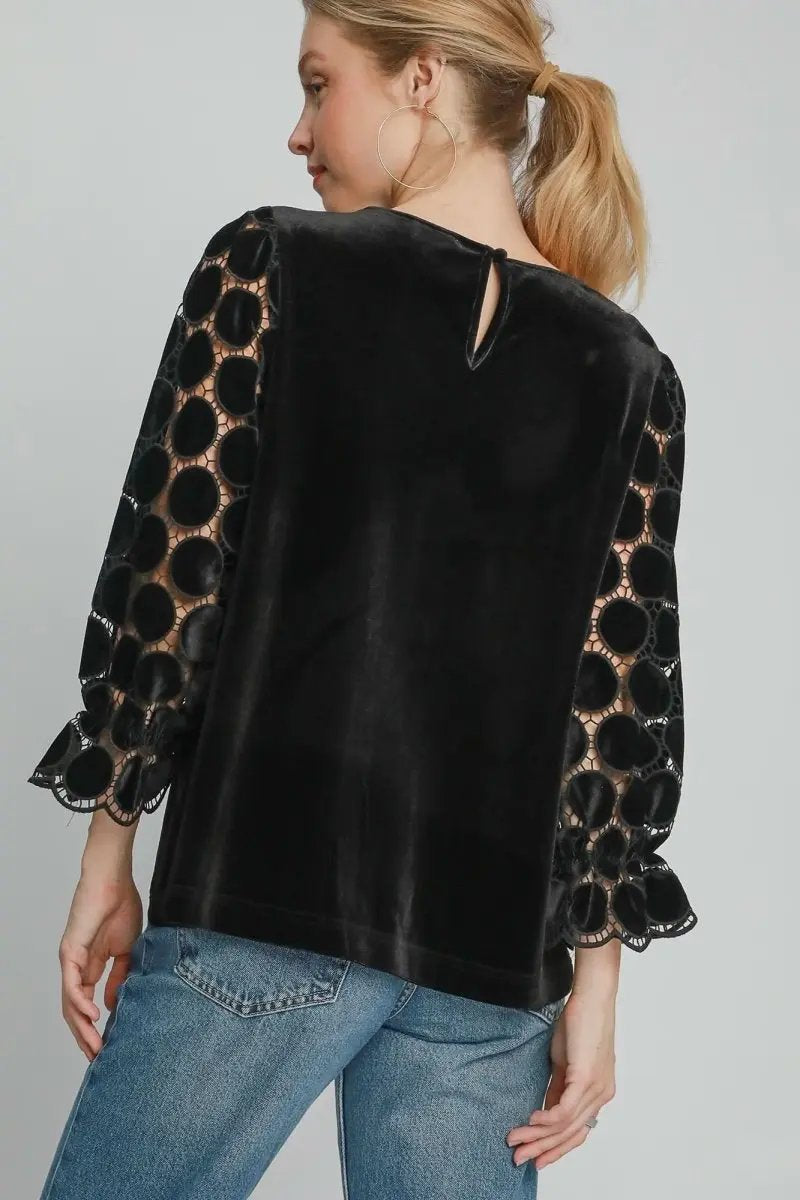 Charming Polka Dot Lace Long Sleeve Blouse with Round Neck - Love Salve